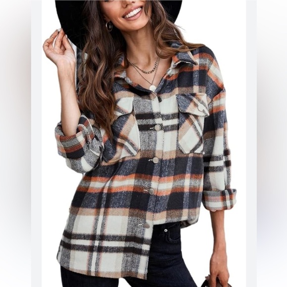 Casual Shacket Brushed Plaid Long Sleeve Flannel Lapel Buttons Pocketed Top - Picture 1 of 11